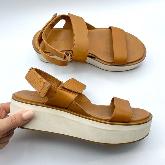 Everlane The Leather Platform Sandal Golden Brown Tan Ankle Strap White Velcro 6 - Picture 7 of 16